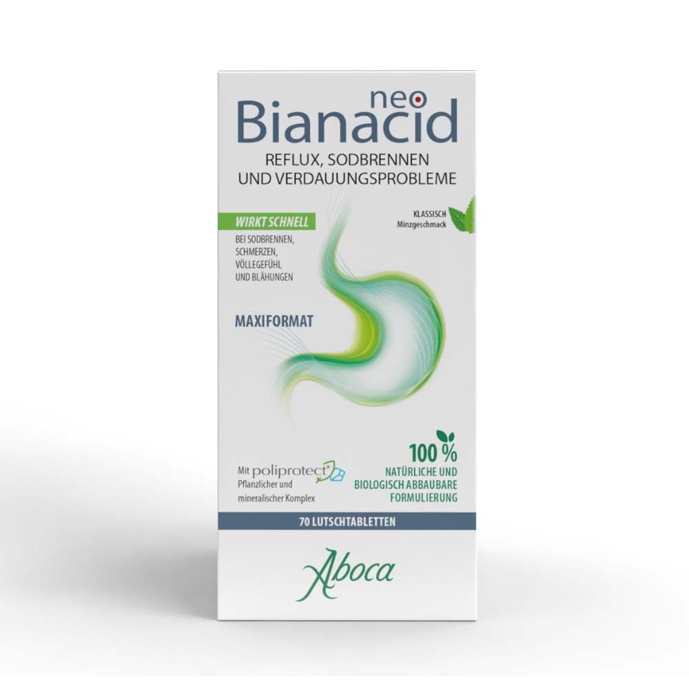 NeoBianacid-Verpackung. Weiß, mit Produktnamen und grünen Akzenten. 70 Lutschtabletten.