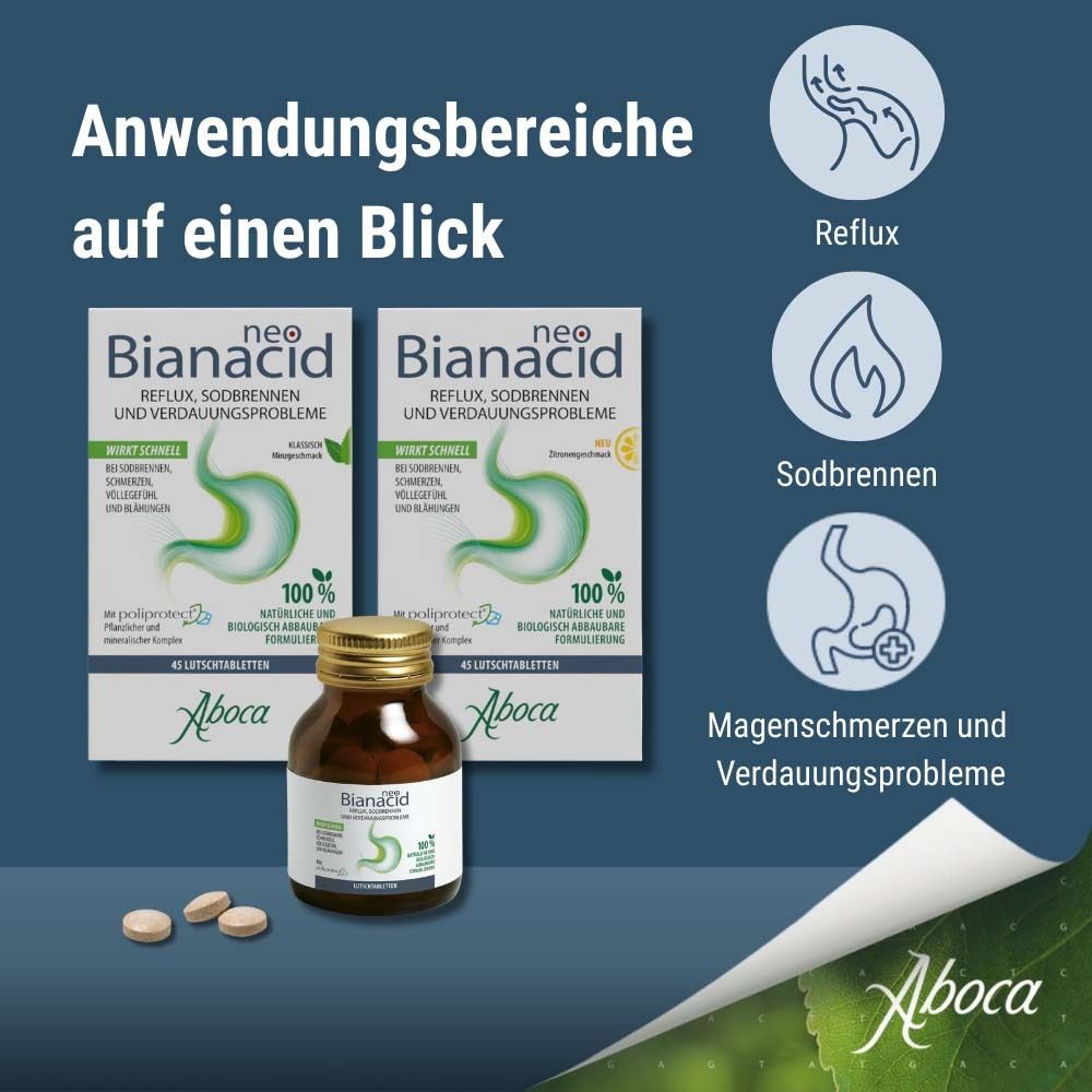 Anwendungsbereiche von NeoBianacid. Zwei Packungen, eine Flasche und Icons für Reflux, Sodbrennen, Magenschmerzen.