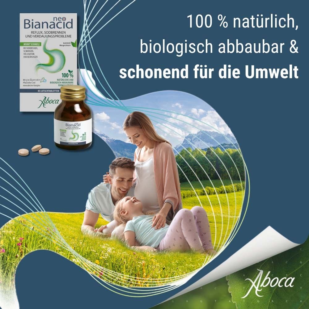 Familie auf Wiese. NeoBianacid-Flasche und Packung. Text: 100% natürlich, biologisch abbaubar.