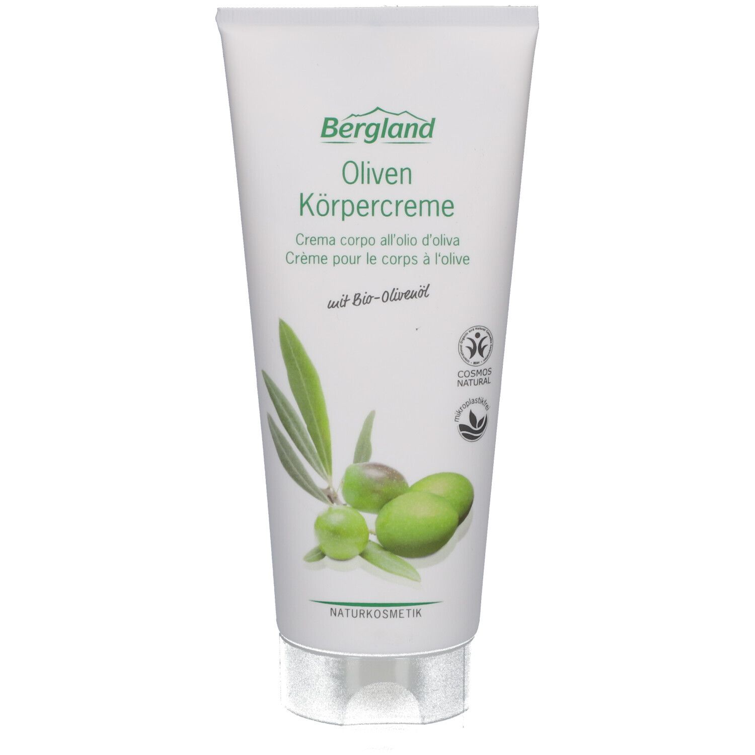 Weisse Tube Bergland Oliven Körpercreme mit Oliven-Illustration und Bio-Olivenöl-Logo. Naturkosmetik-Siegel.