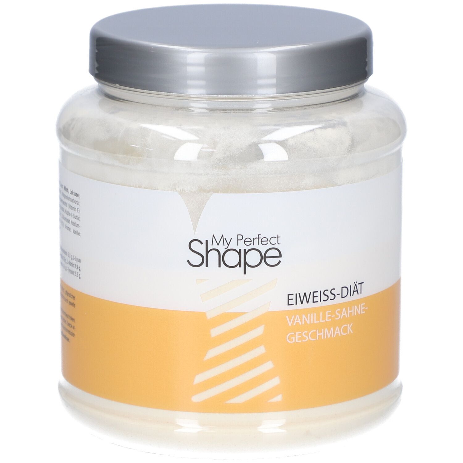 Glas mit weißem Pulver. Etikett mit "My Perfect Shape" und "Eiweiß-Diät-Shake Vanille-Sahne-Geschmack".