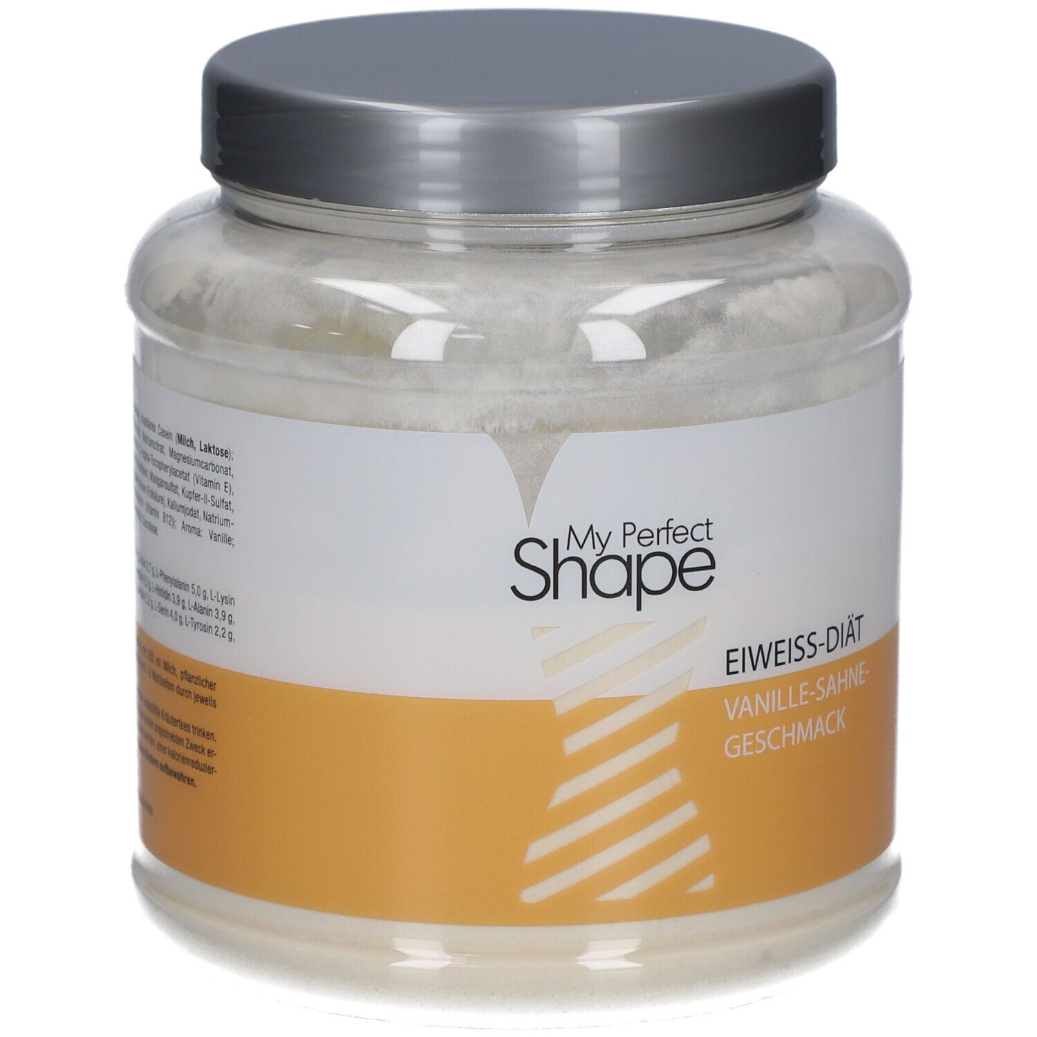 Glas mit weißem Pulver. Etikett mit "My Perfect Shape" und "Eiweiß-Diät-Shake Vanille-Sahne-Geschmack".