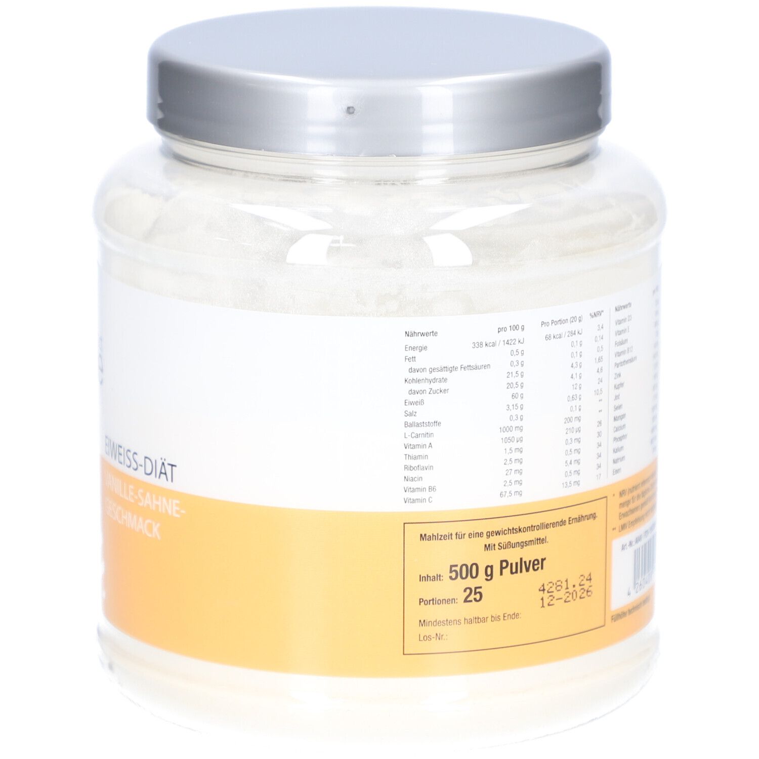 Glas mit weißem Pulver. Etikett mit "My Perfect Shape" und "Eiweiß-Diät-Shake Vanille-Sahne-Geschmack".