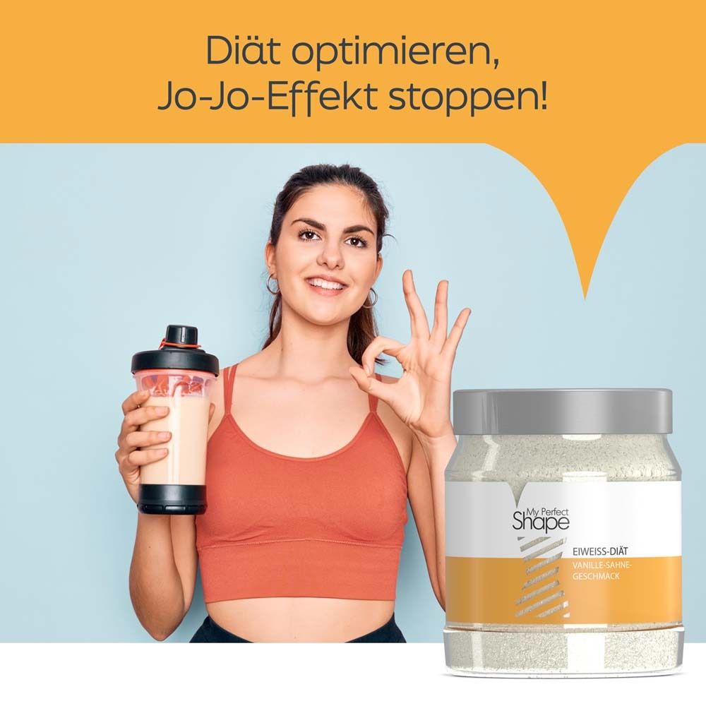 Frau mit Shake und Dose. Dose: My Perfect Shape, Eiweiß-Diät, Vanille-Sahne. Text: Diät optimieren, Jo-Jo-Effekt stoppen!