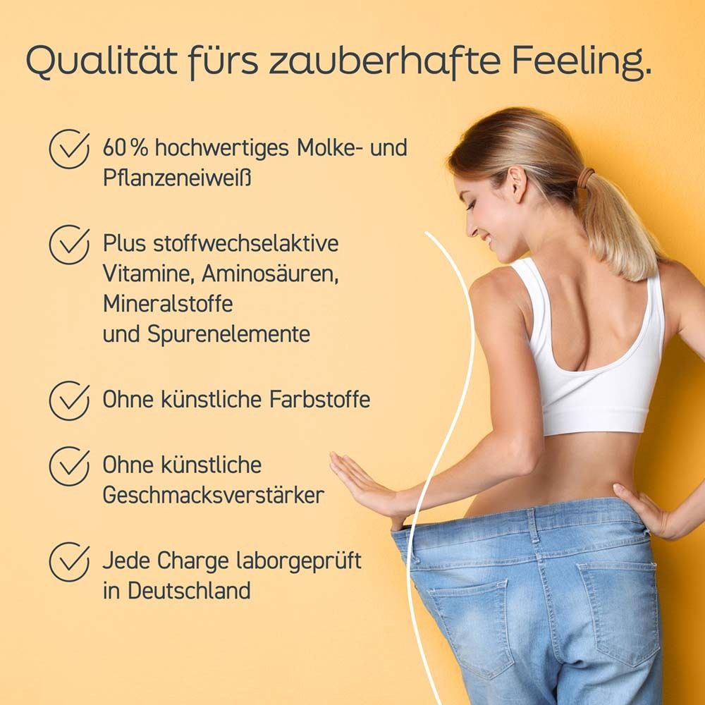 Frau mit schlanker Taille. Text: 60% hochwertiges Molke- und Pflanzeneiweiß, Vitamine, Aminosäuren, ohne künstliche Zusätze.