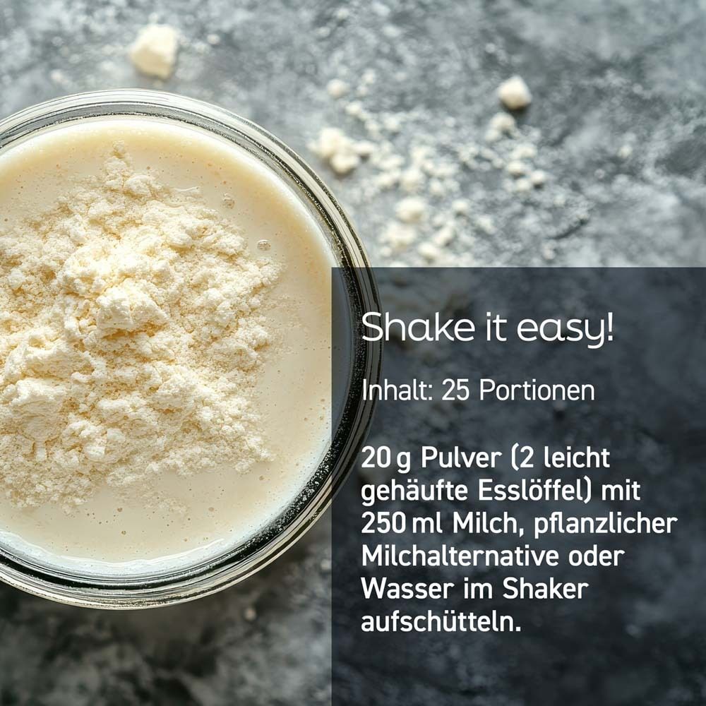 Shake in Glas. Text: 20g Pulver mit Milch oder Wasser schütteln. Inhalt: 25 Portionen.