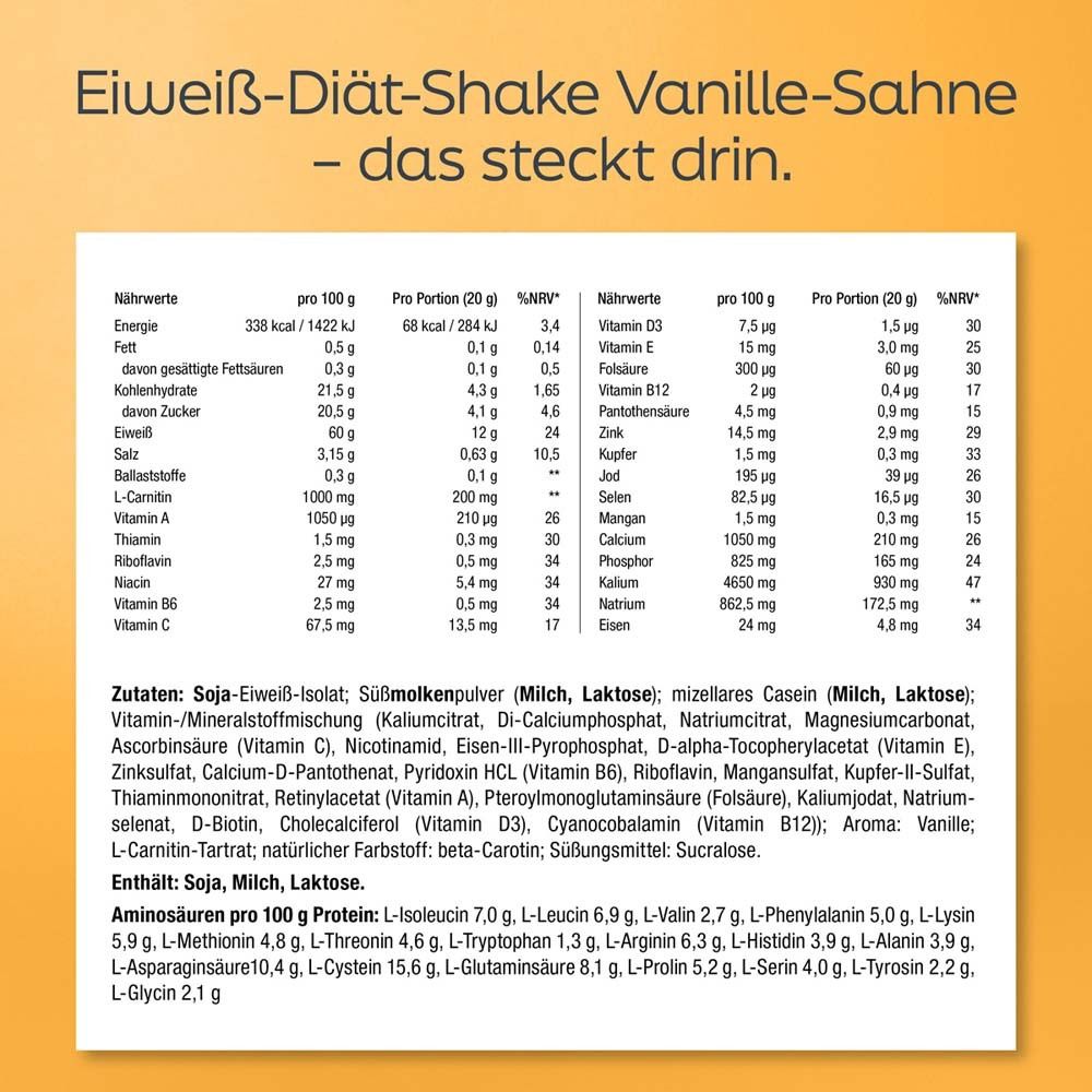 Nährwerttabelle und Zutatenliste für Eiweiß-Diät-Shake Vanille-Sahne. Enthält Milch, Laktose.
