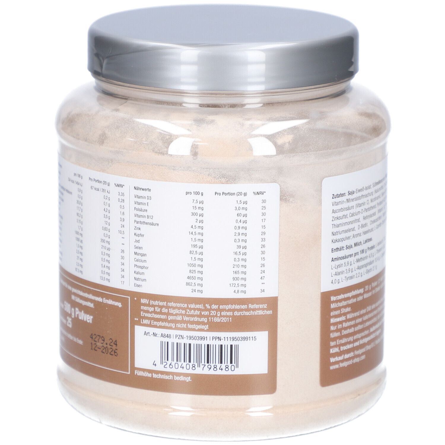 Rückseite des Glases mit Nährwerttabelle und Text.