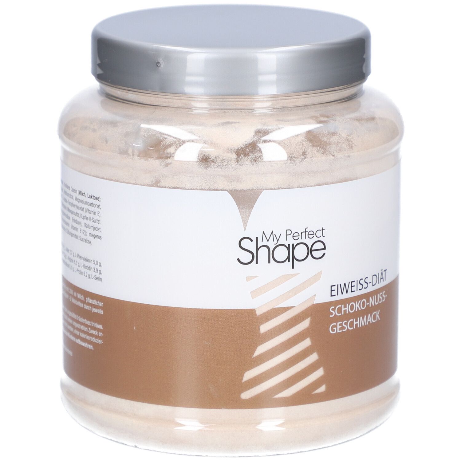 Glas mit braunem Pulver. Etikett mit Logo und Text: Eiweiß-Diät, Schoko-Nuss-Geschmack.