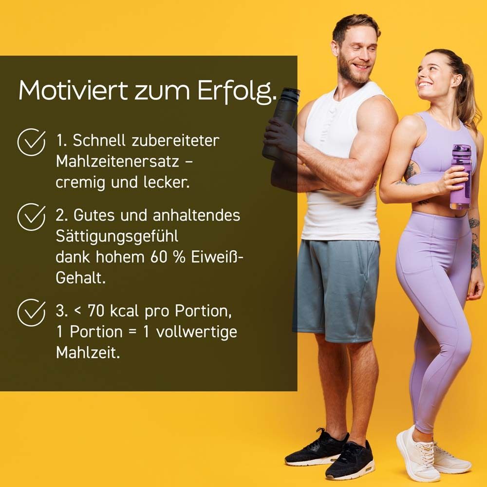 Paar mit Sportkleidung. Text: Motiviert zum Erfolg. 3 Vorteile des Produkts.