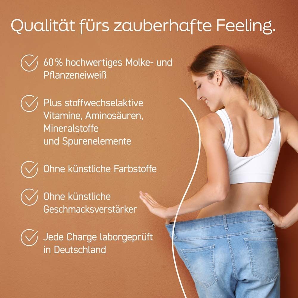 Frau mit Jeans. Text: Qualität für zauberhaftes Feeling. 4 Vorteile des Produkts.