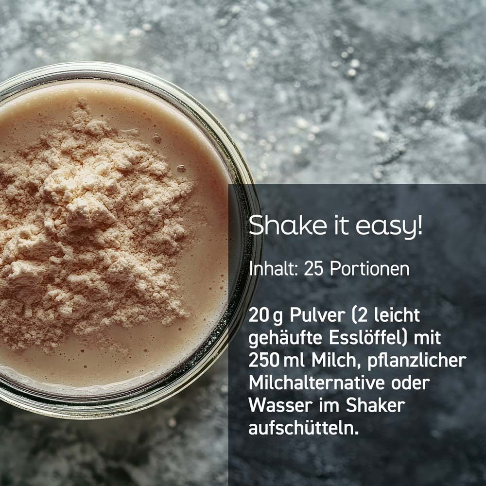 Shake-Pulver in Glas. Text: Shake it easy! Inhalt: 25 Portionen. Zubereitungshinweis.
