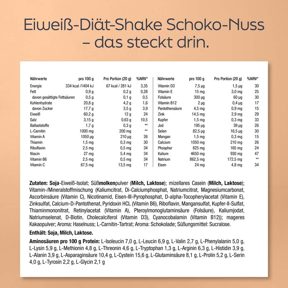 Text mit Nährwertangaben und Zutatenliste für Eiweiß-Diät-Shake Schoko-Nuss.