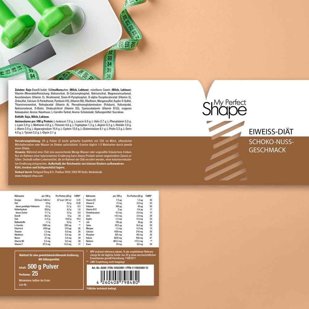 Produktverpackung mit Text: My Perfect Shape, Eiweiß-Diät, Schoko-Nuss-Geschmack. Nährwertangaben.