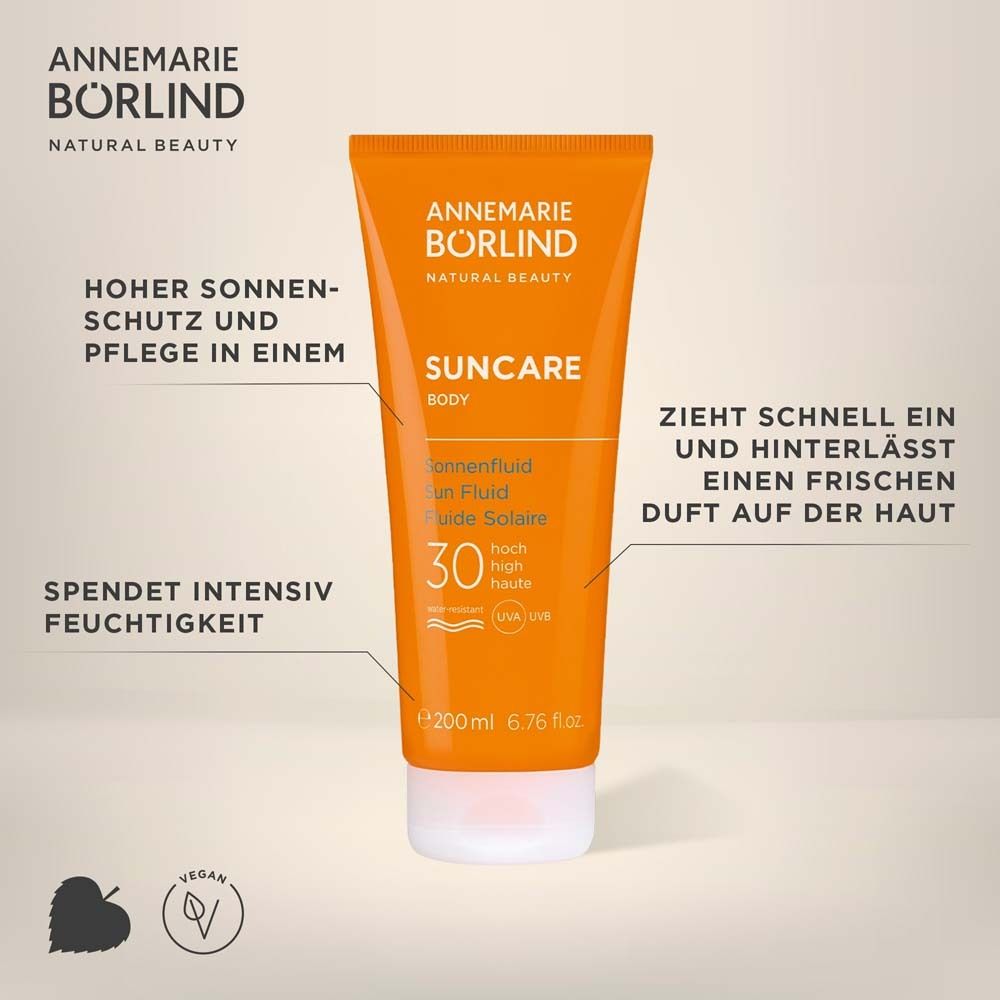Orange Tube Sonnenfluid LSF 30 von Annemarie Börlind. Text: Hoher Sonnenschutz, spendet Feuchtigkeit.