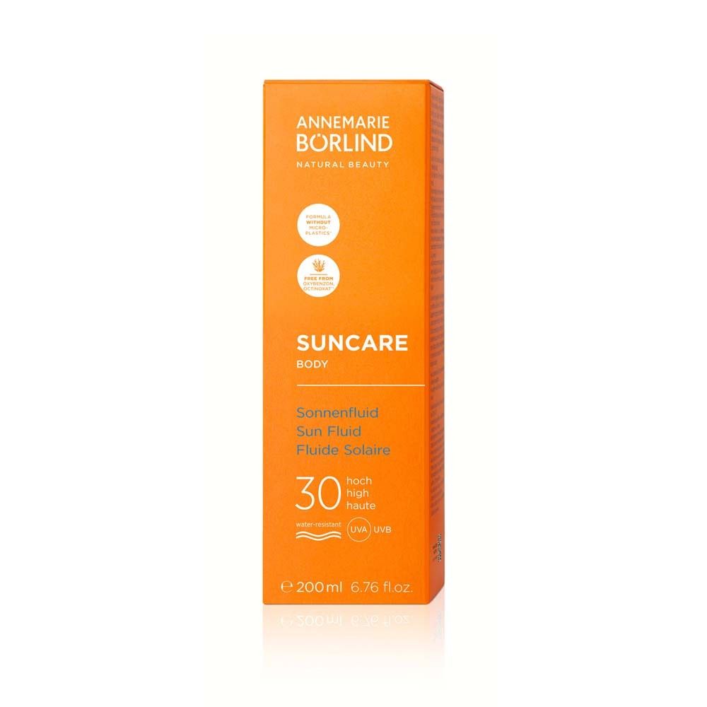Verpackung Sonnenfluid LSF 30 von Annemarie Börlind. Orange, mit Produktabbildung.