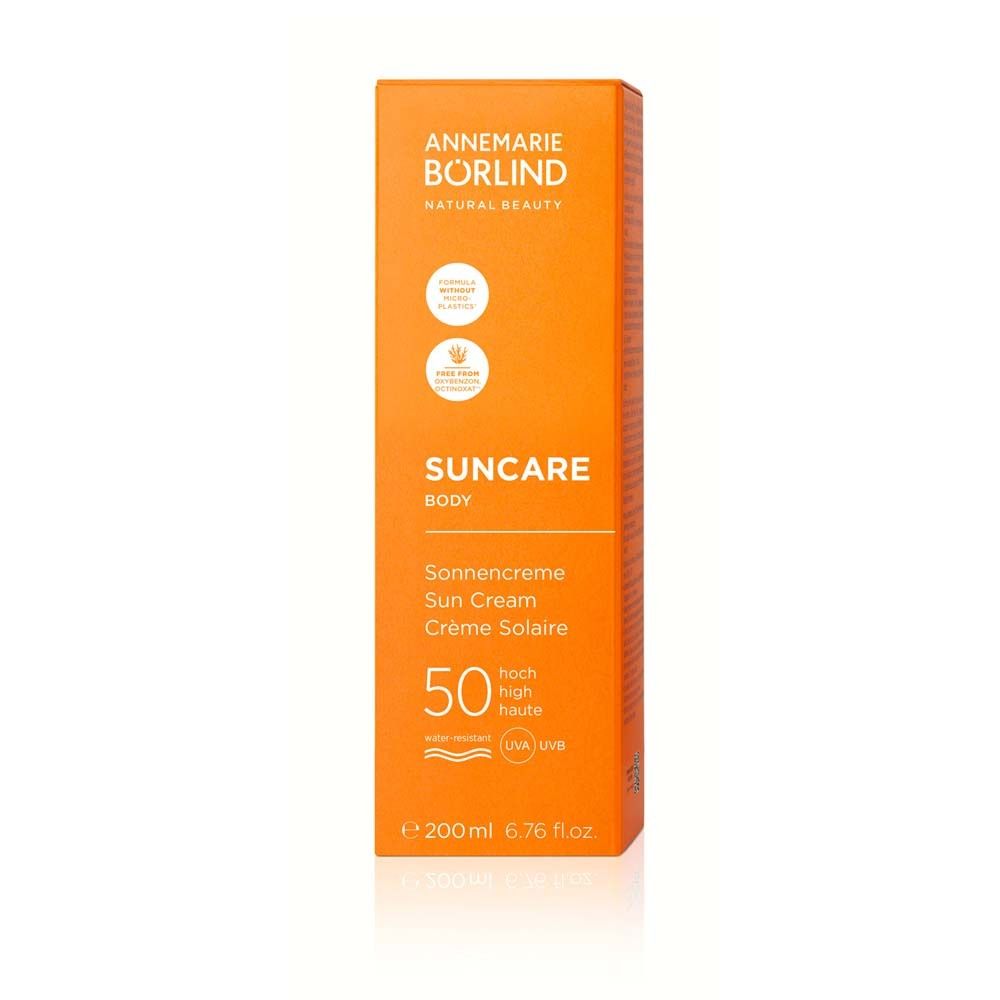 Verpackung für Sonnencreme. Marke: ANNEMARIE BÖRLIND. SUNCAR Body LSF 50. 200ml.