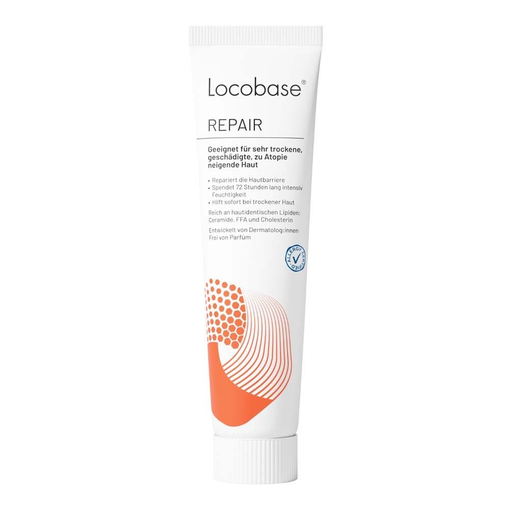 Locobase Repair Creme-Tube. Weiß, mit orangefarbenem Design. Text: Repair, geeignet für sehr trockene Haut.
