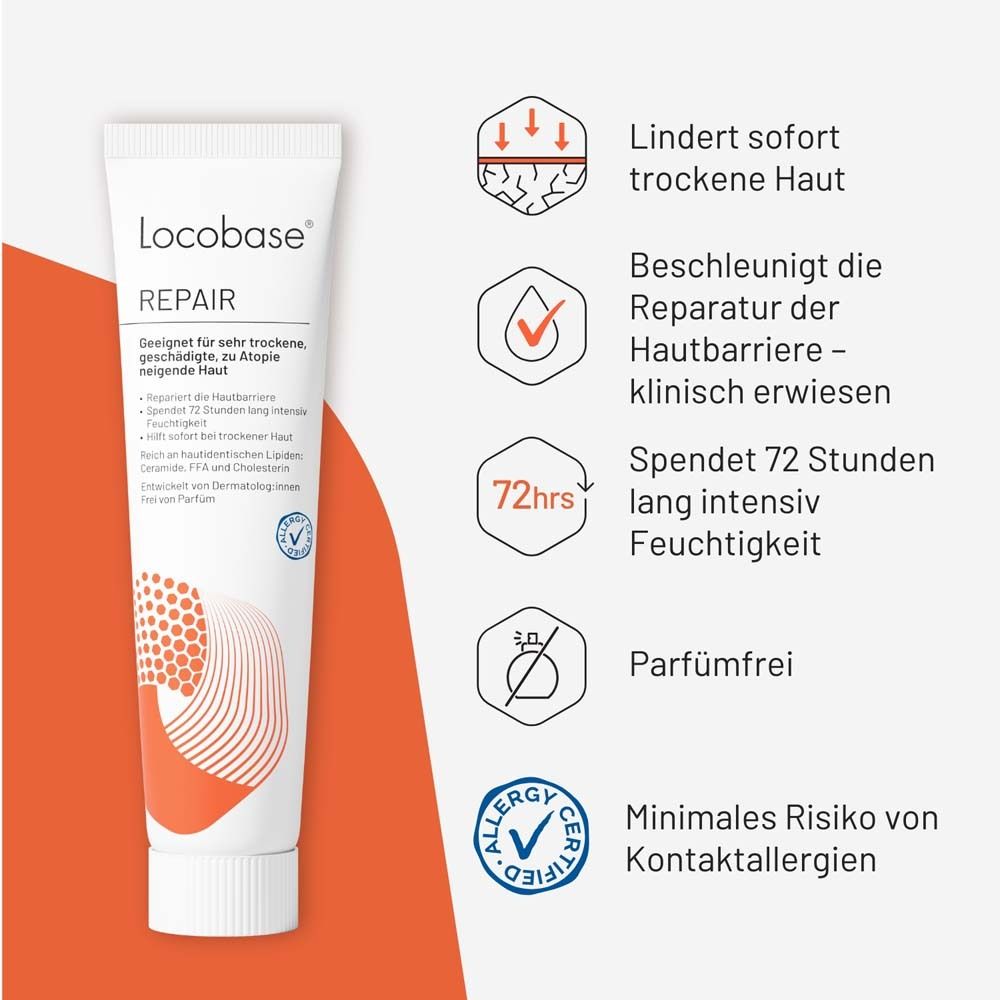 Locobase Repair Creme-Tube. Text: Lindert trockene Haut, repariert Hautbarriere, spendet Feuchtigkeit, parfümfrei.