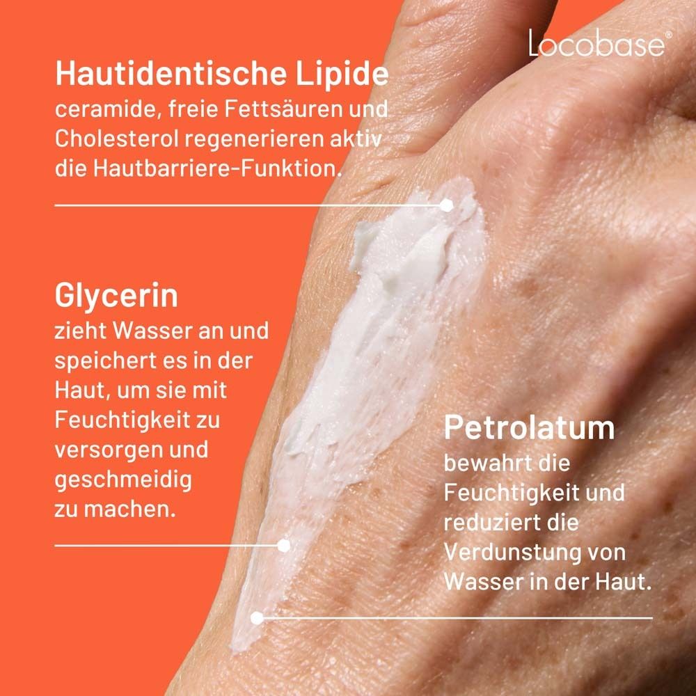 Nahaufnahme Hand mit Creme. Text: Hautidentische Lipide, Glycerin, Petrolatum. Beschriftungen zeigen Wirkungsweise.