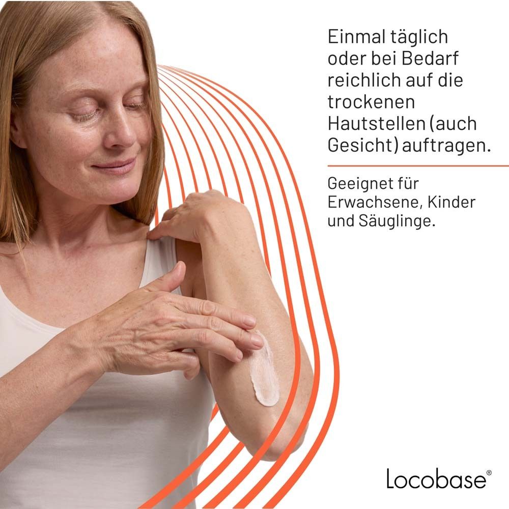 Person trägt Creme auf Arm auf. Text: Geeignet für Erwachsene, Kinder und Säuglinge. Locobase Logo.