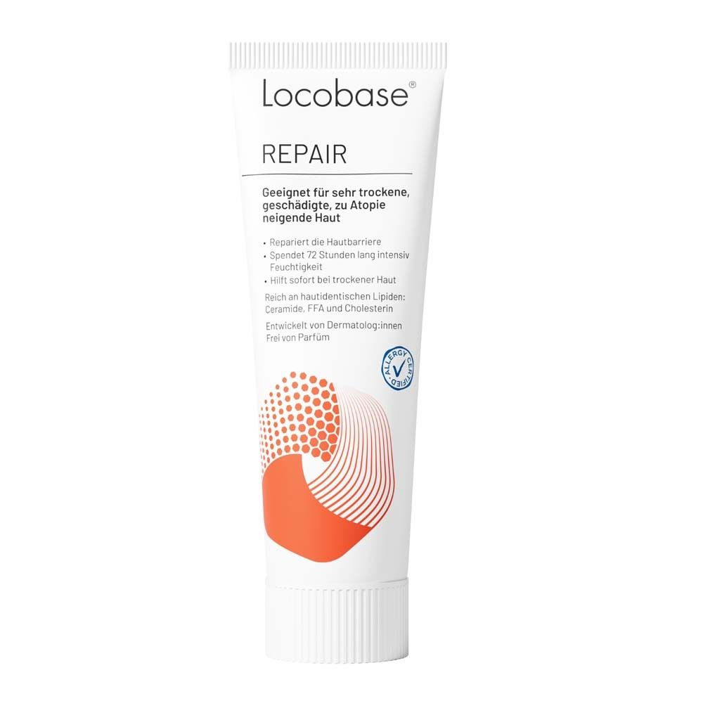 Locobase Repair Creme-Tube. Weiß, mit Text und orangefarbenem Design. Für trockene, zu Atopie neigende Haut.
