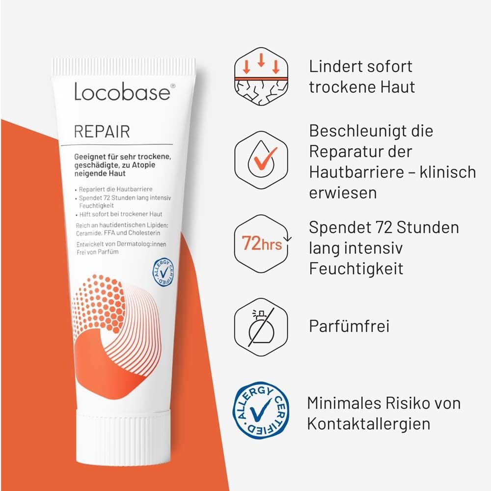 Locobase Repair Tube mit Icons. Lindert trockene Haut, repariert Hautbarriere, spendet Feuchtigkeit, parfümfrei.