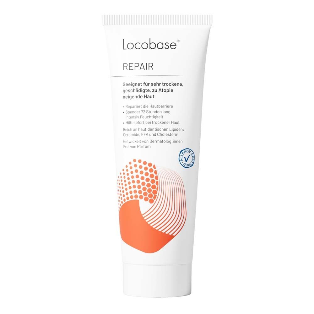 Locobase Repair Creme. Weiße Tube mit Schriftzug und Logo. Geeignet für sehr trockene Haut.