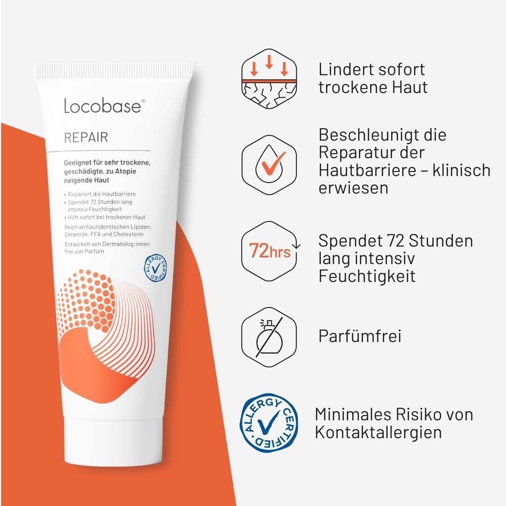 Locobase Repair Tube mit Icons. Lindert trockene Haut, repariert, spendet Feuchtigkeit, parfümfrei.