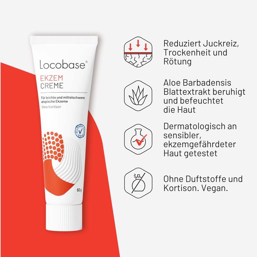 Tube Locobase Ekzem Creme. Icons: Reduziert Juckreiz, Aloe, dermatologisch getestet, ohne Duftstoffe und Kortison.