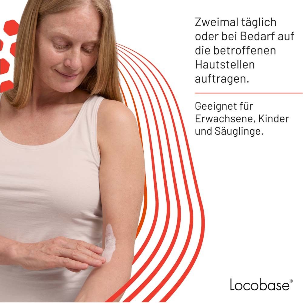Frau trägt Creme auf Arm auf. Text: Zweimal täglich auftragen. Geeignet für Erwachsene, Kinder und Säuglinge.