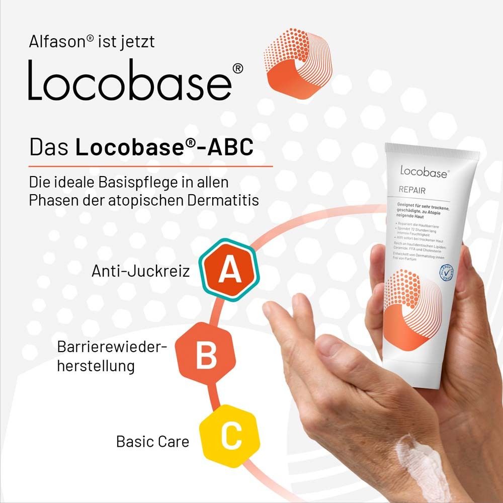 Locobase ABC. A: Anti-Juckreiz. B: Barrierewiederherstellung. C: Basic Care. Tube Repair.