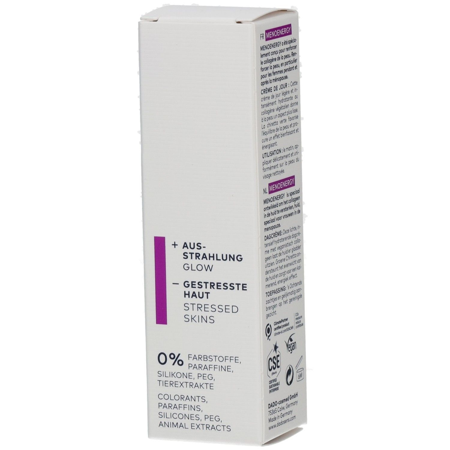 Seite der DADO SENS Menoenergy Tagescreme Verpackung mit Hervorhebung von 'Ausstrahlung Glow' und 'Gestresste Haut'.