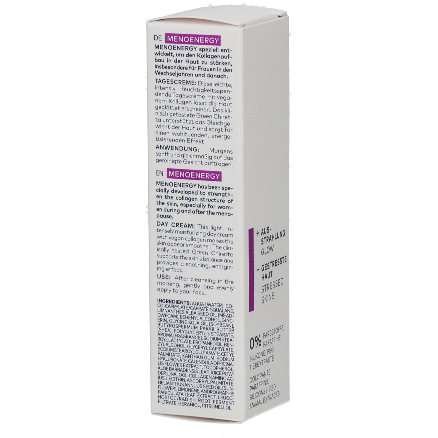 Seitenansicht der DADO SENS Menoenergy Tagescreme Verpackung mit Inhaltsstoffliste und Produktmerkmalen.