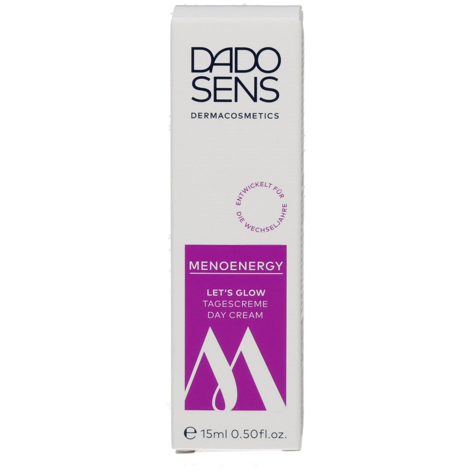 Vorderseite der DADO SENS Menoenergy Tagescreme Verpackung mit Markenschriftzug und Produktbezeichnung.