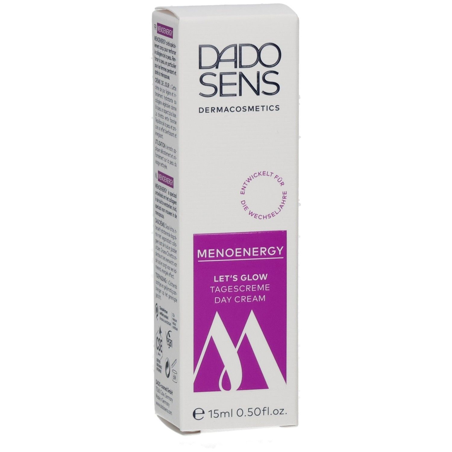 Vorderansicht der DADO SENS Menoenergy Tagescreme Verpackung, zeigt 'Let's Glow' und 15ml Füllmenge.