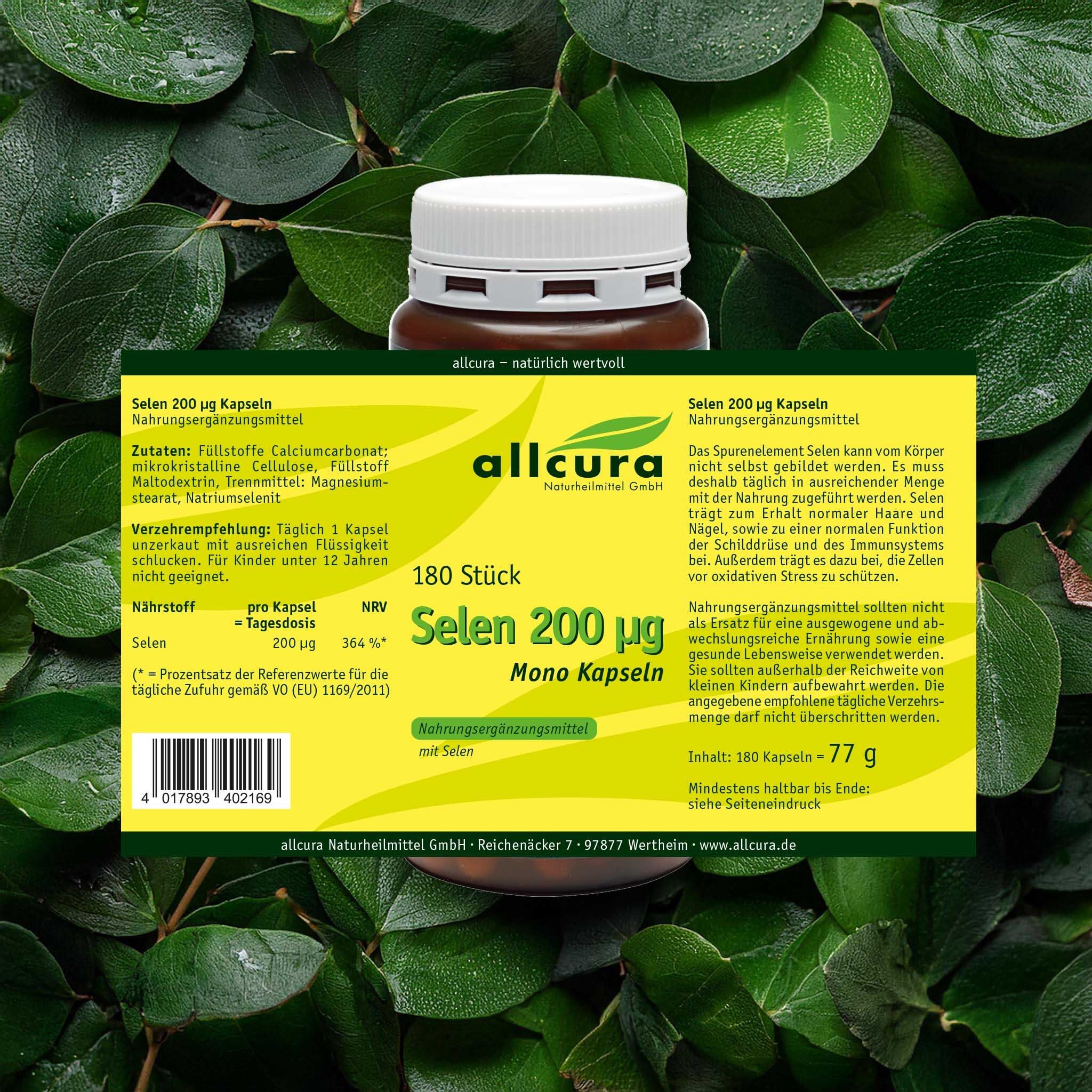Braune Dose mit weißem Deckel, umgeben von grünen Blättern. Aufschrift: allcura, Selen 200 µg Mono Kapseln, 180 Stück.