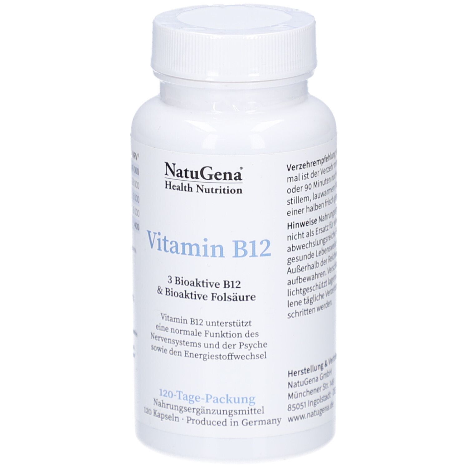 Weiße Flasche mit Kapseln. Aufschrift: NatuGena Health Nutrition, Vitamin B12, 120-Tage-Packung.