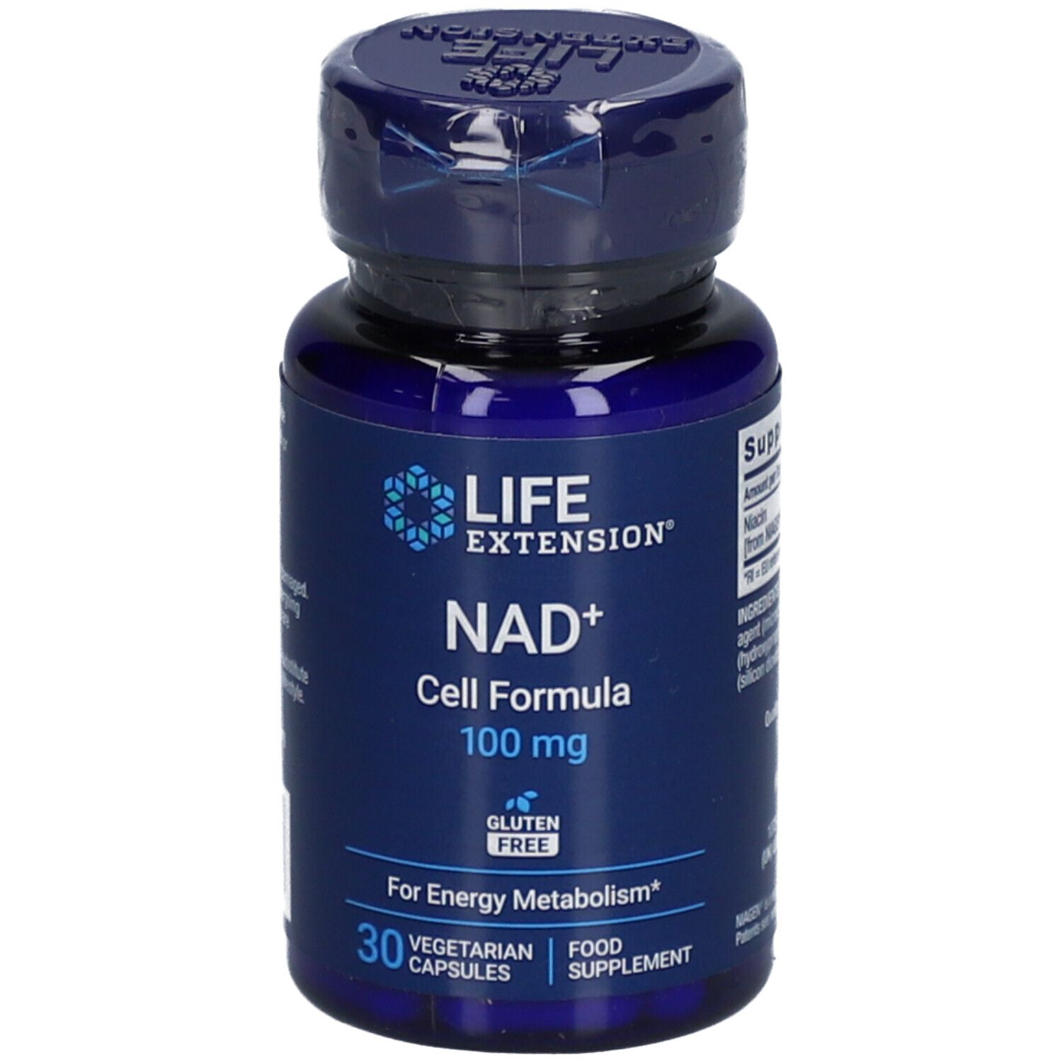Blaue Flasche mit Kapseln. Aufschrift: LIFE EXTENSION NAD+ Zellformel 100 mg. Glutenfrei. 30 vegetarische Kapseln.
