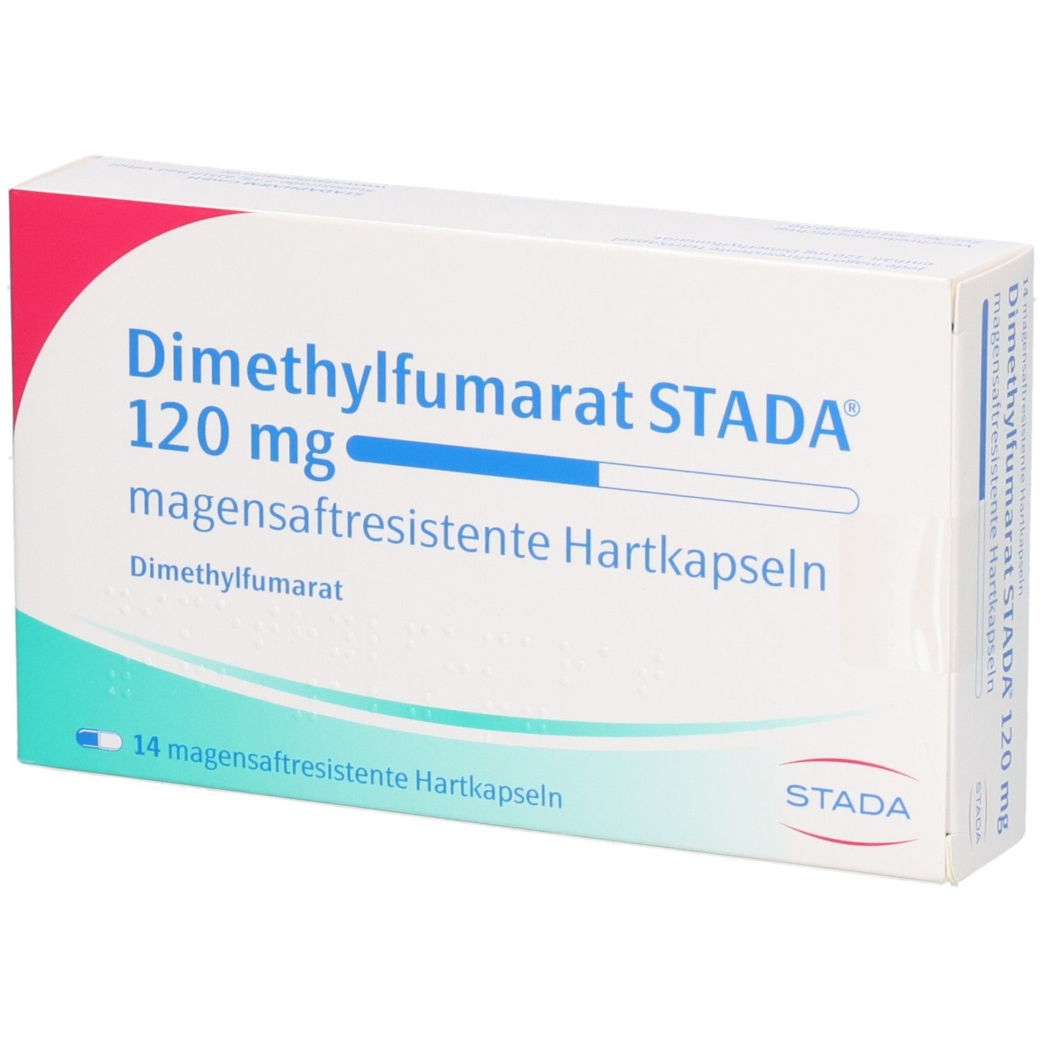 Weiße Schachtel mit roter Ecke. Aufschrift: Dimethylfumarat STADA 120 mg magensaftresistente Hartkapseln. 14 Kapseln.