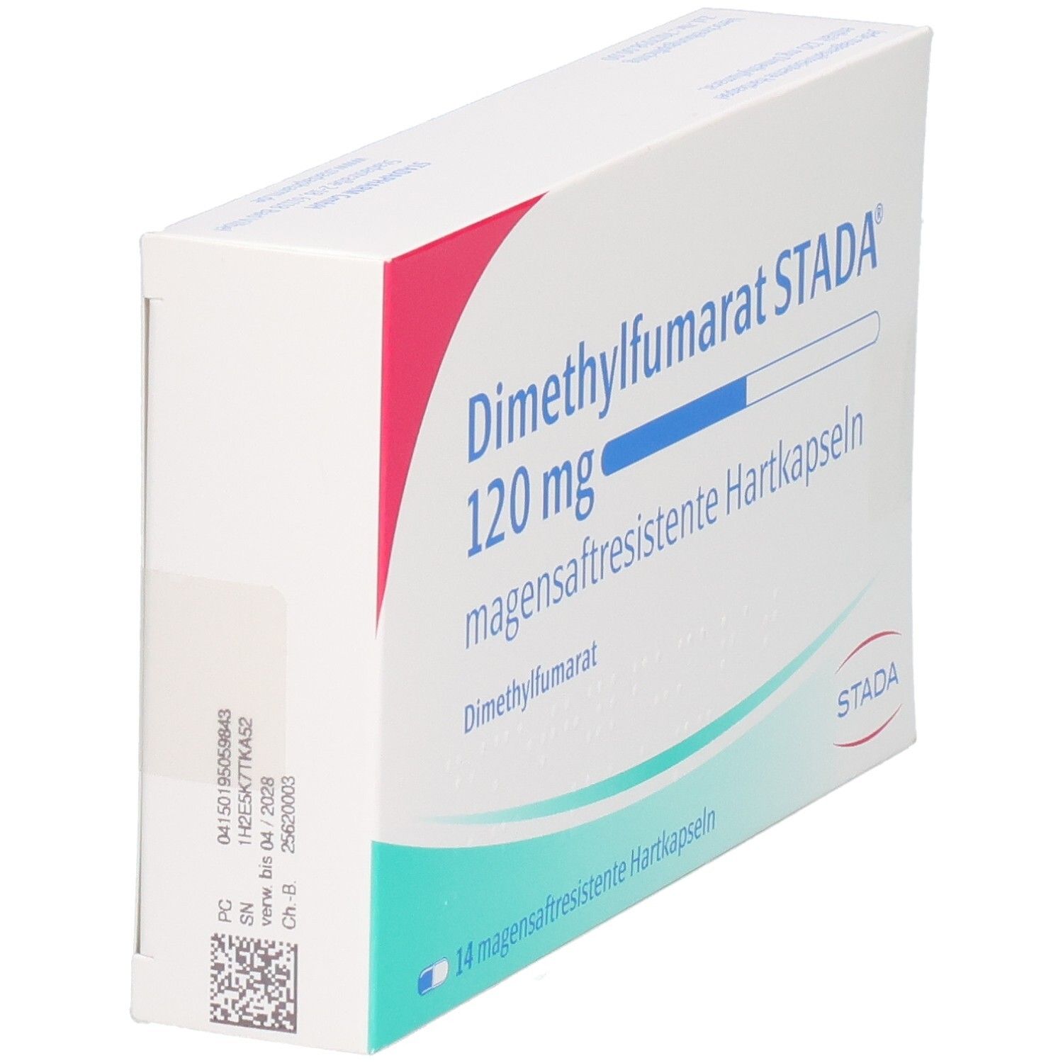 Weiße Schachtel, schräg. Aufschrift: Dimethylfumarat STADA 120 mg magensaftresistente Hartkapseln. 14 Kapseln. STADA Logo.