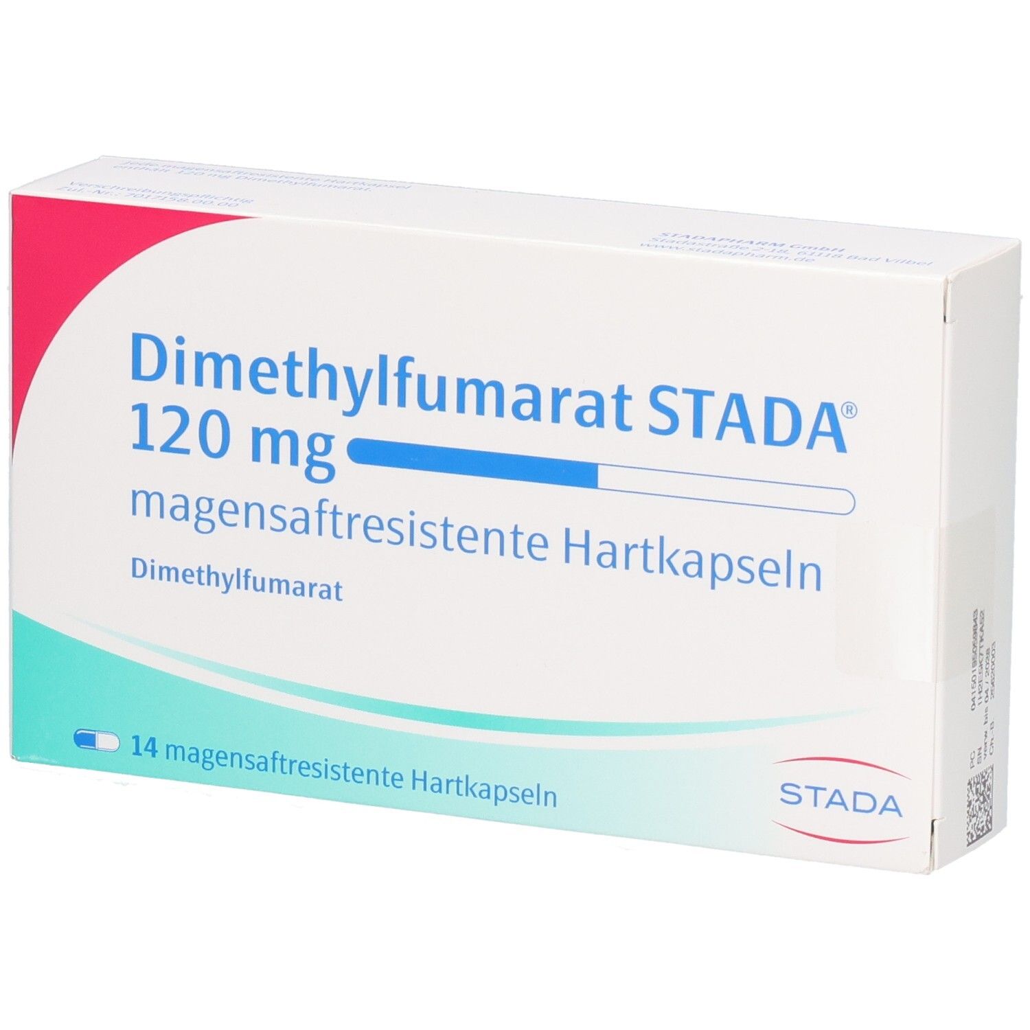 Weiße Schachtel mit roter Ecke. Aufschrift: Dimethylfumarat STADA 120 mg magensaftresistente Hartkapseln. 14 Kapseln.