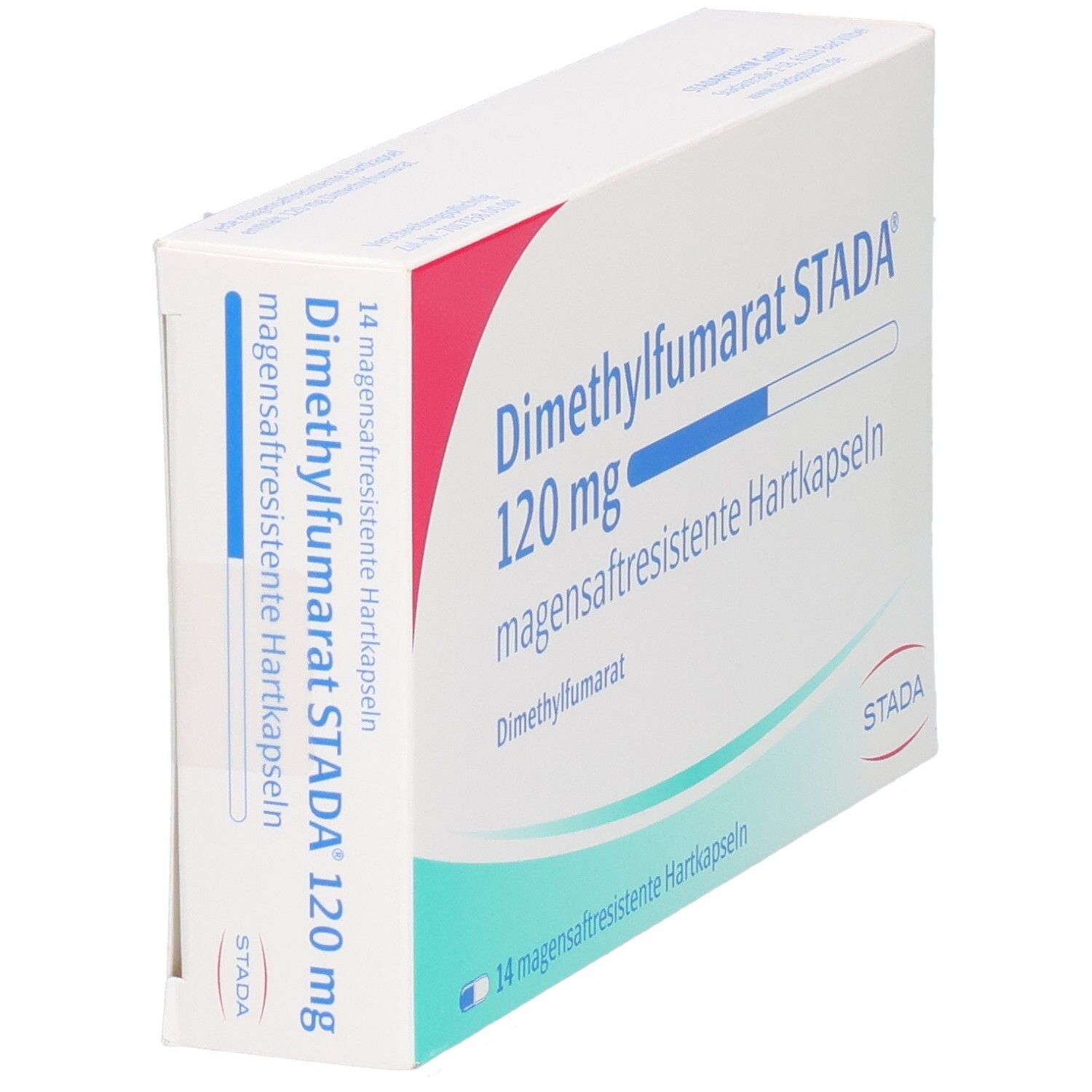 Weiße Schachtel, schräg. Aufschrift: Dimethylfumarat STADA 120 mg magensaftresistente Hartkapseln. 14 Kapseln. STADA Logo.