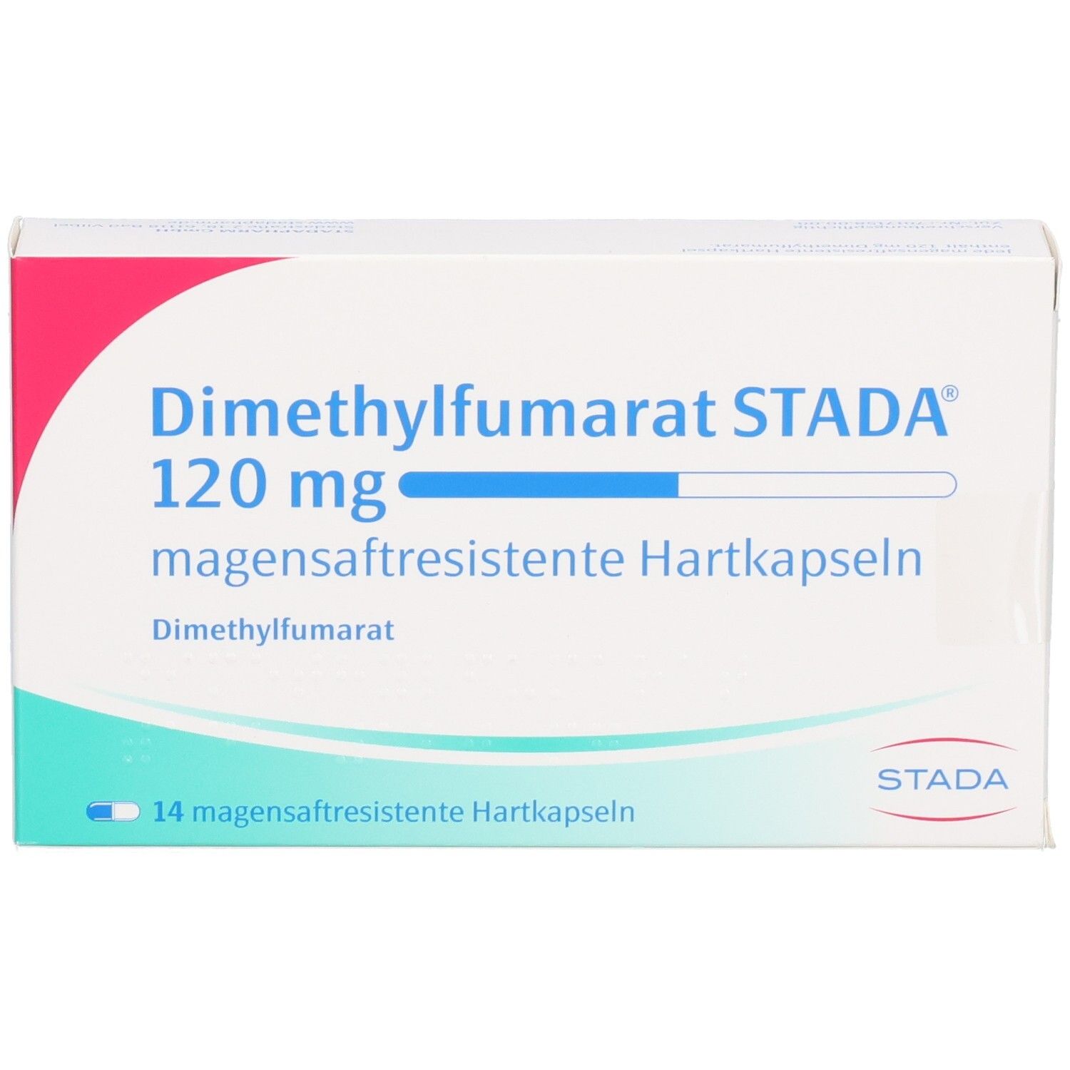 Weiße Schachtel mit roter Ecke. Aufschrift: Dimethylfumarat STADA 120 mg magensaftresistente Hartkapseln. 14 Kapseln.