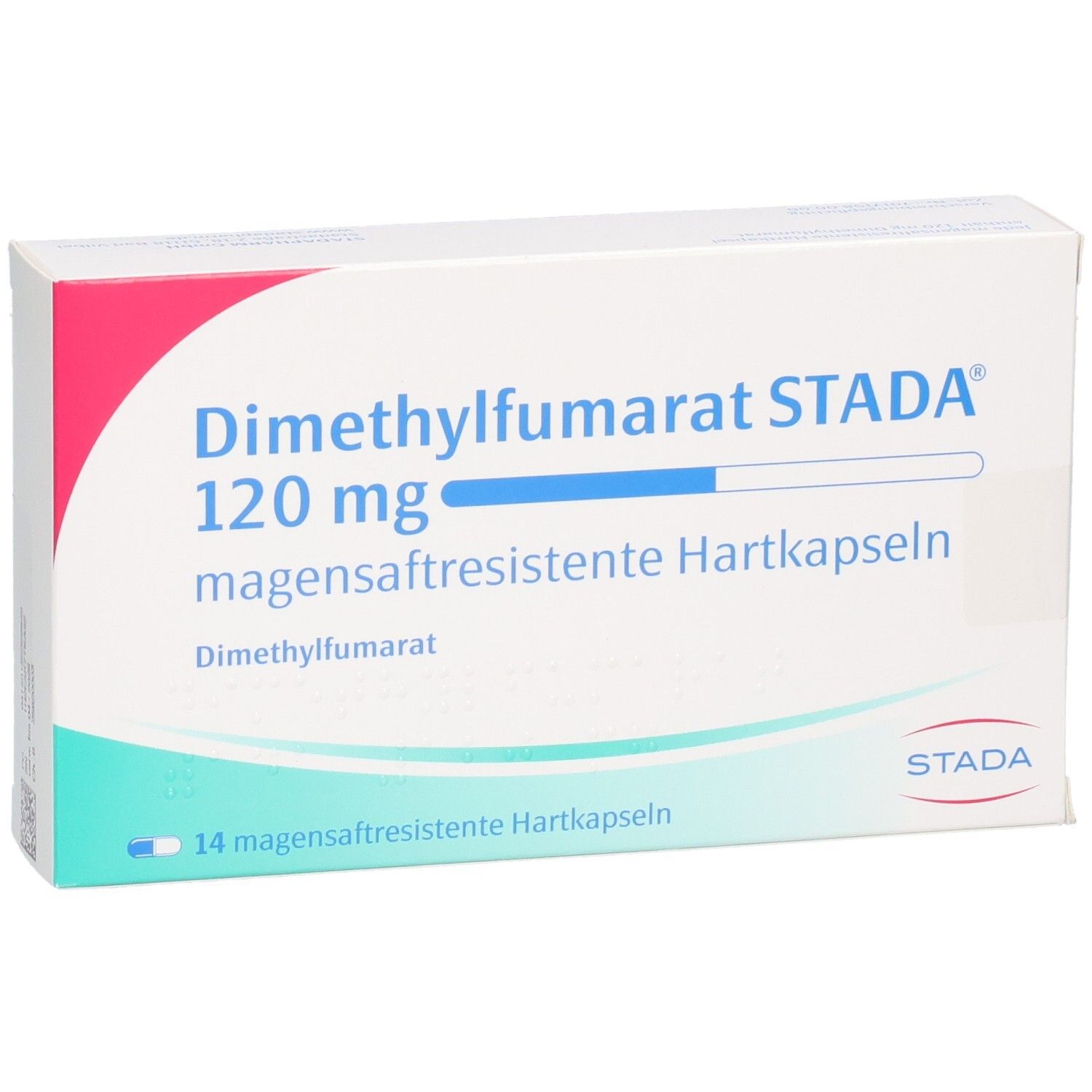 Weiße Schachtel mit roter Ecke. Aufschrift: Dimethylfumarat STADA 120 mg magensaftresistente Hartkapseln. 14 Kapseln.