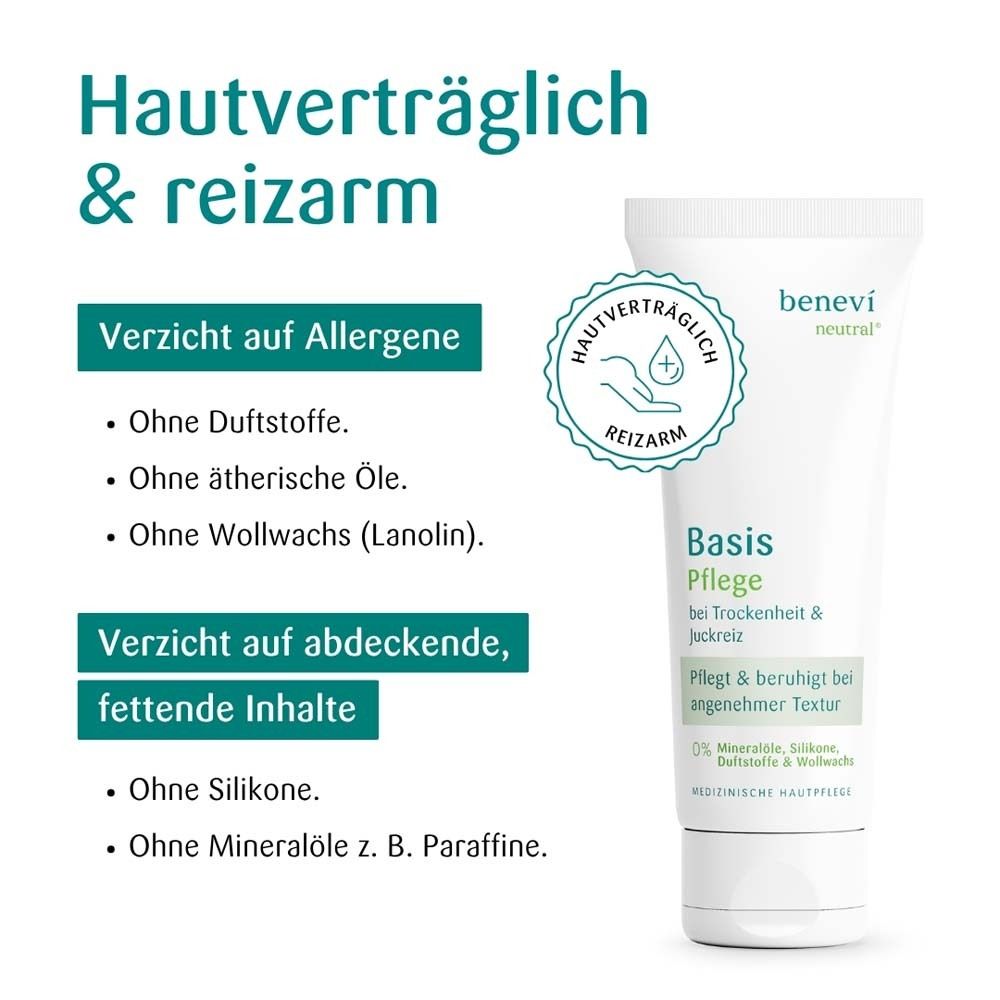 BENEVI Basis Pflege Tube mit Siegel 'Hautverträglich & Reizarm', Verzicht auf Allergene.