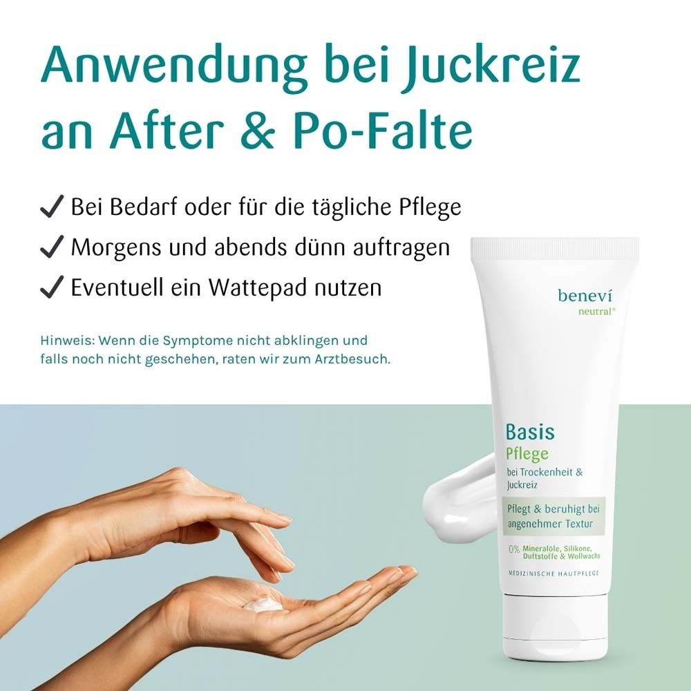 BENEVI Basis Pflege Tube mit Darstellung von Händen, die die Creme auftragen.