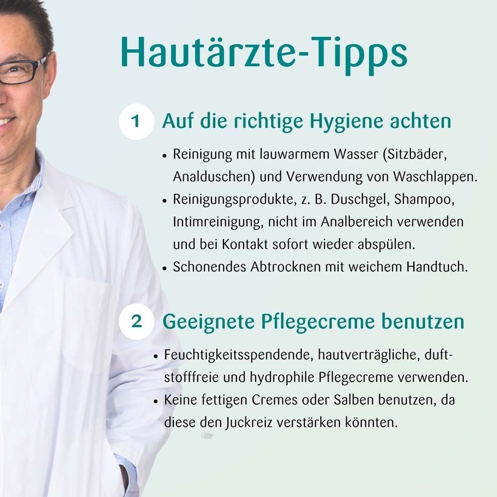 Hautärzte-Tipps zur Hygiene und Pflege bei Juckreiz, mit Arzt im weißen Kittel.