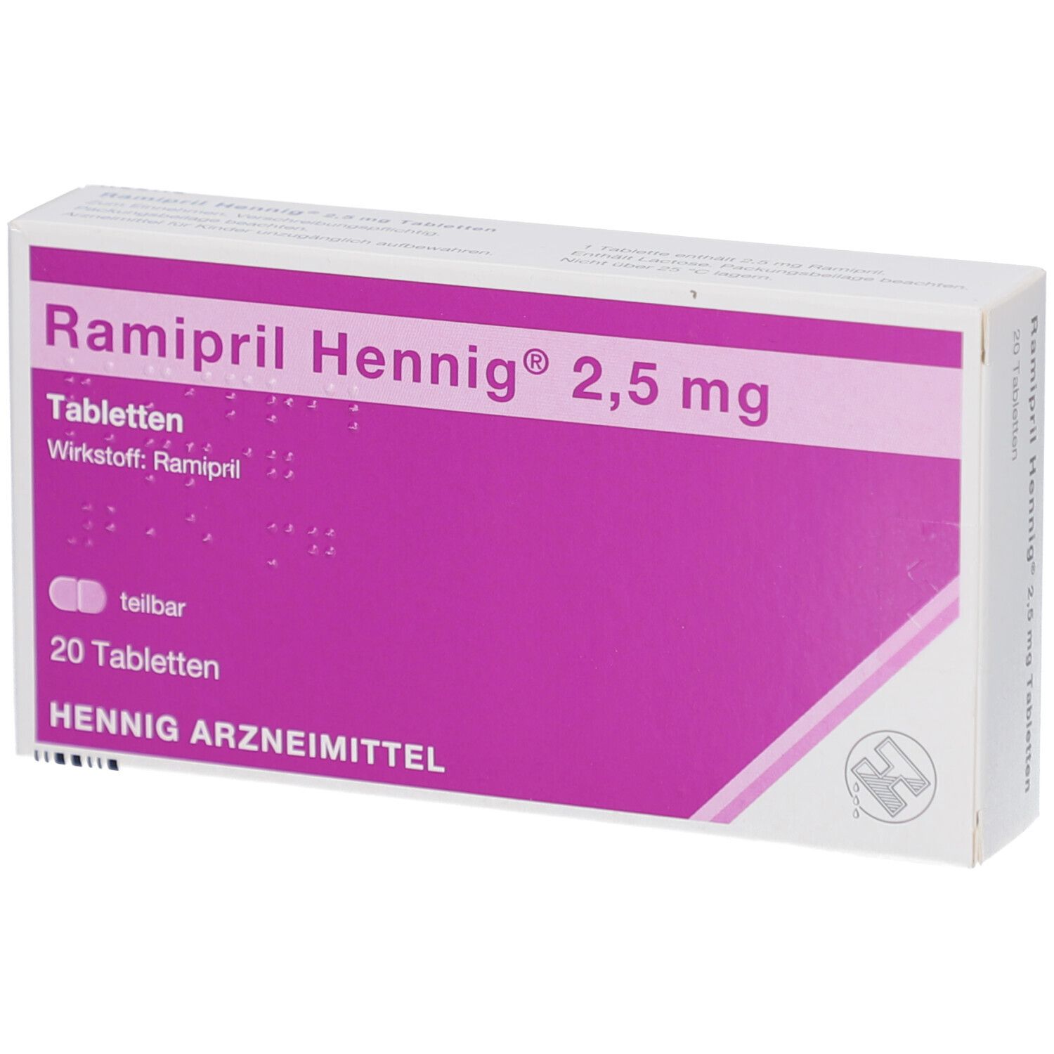 Schachtel mit RAMIPRIL Hennig 2,5 mg Tabletten. Lila und weißes Design. Text: Tabletten, 20 Tabletten, Hennig Arzneimittel.