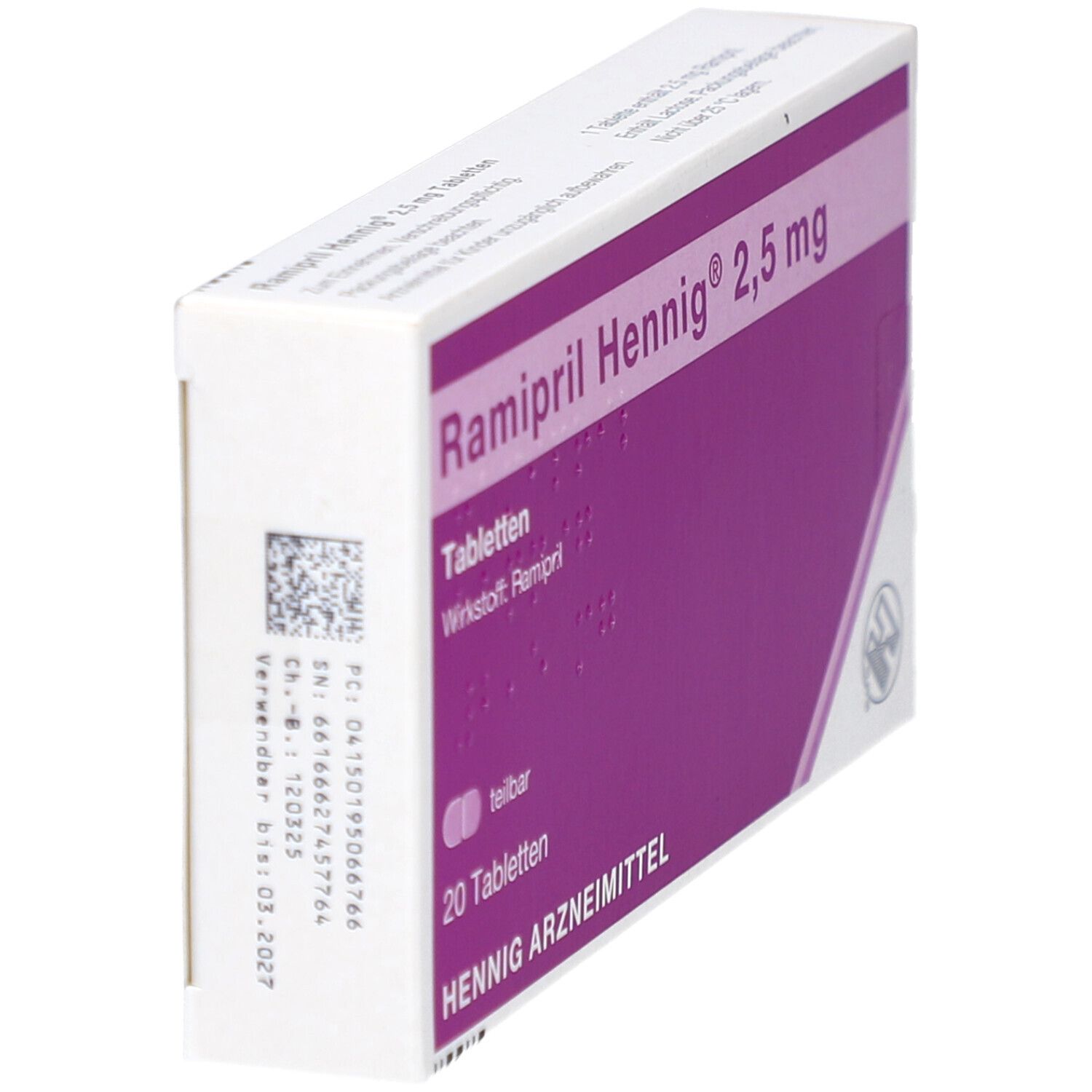Schachtel RAMIPRIL Hennig 2,5 mg Tabletten, schräg. Weiß mit lila Akzenten. Text: Tabletten, 20 Tabletten, Hennig Arzneimittel. Barcode.